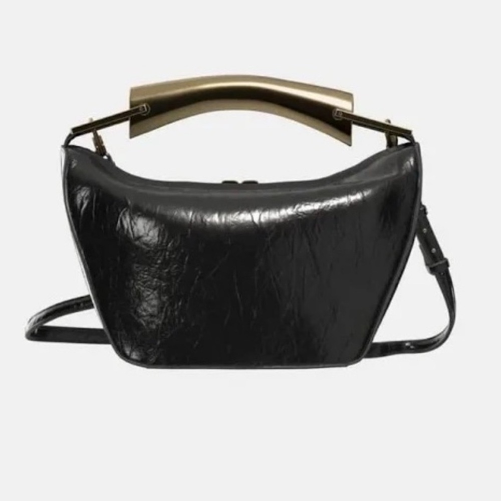 Zara gold handle black faux leather patent textured bucket handbag purse
